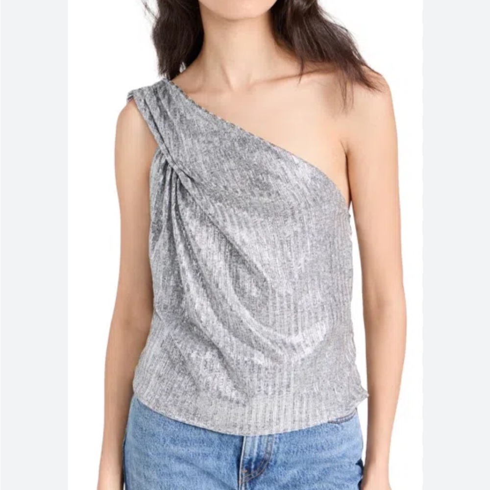 IRO Isaure Metallic Silver One-Shoulder Top
